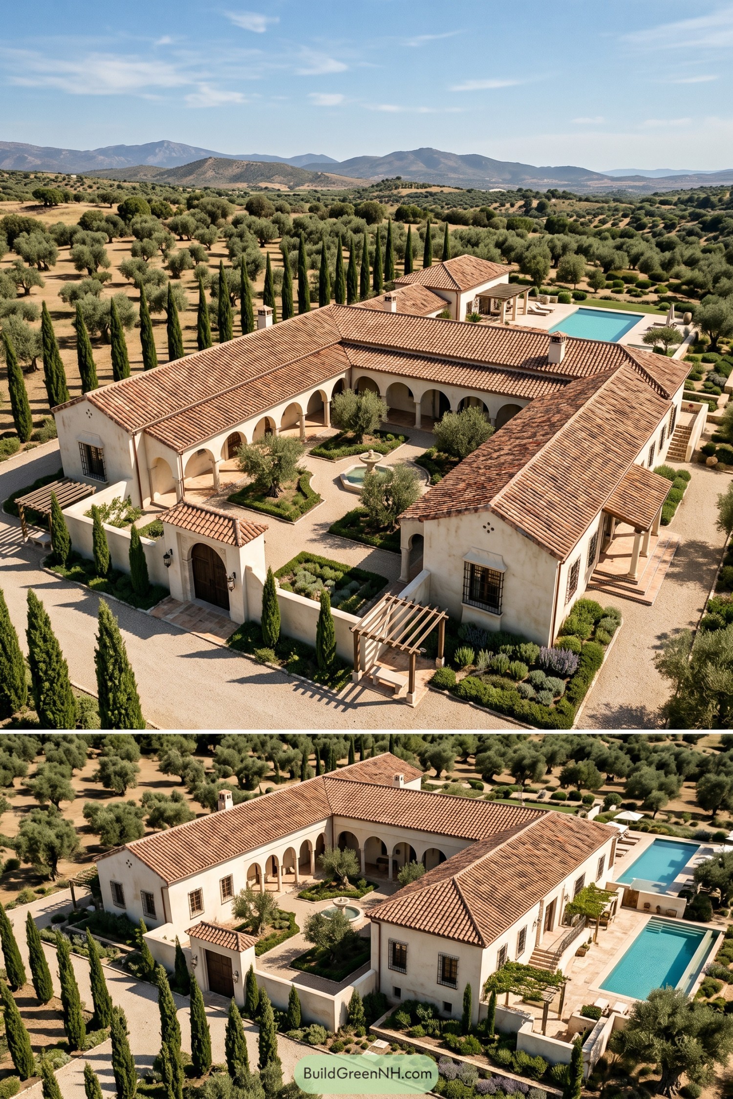 Spanish courtyard villa with terracotta roofs and twin pools amid olive groves