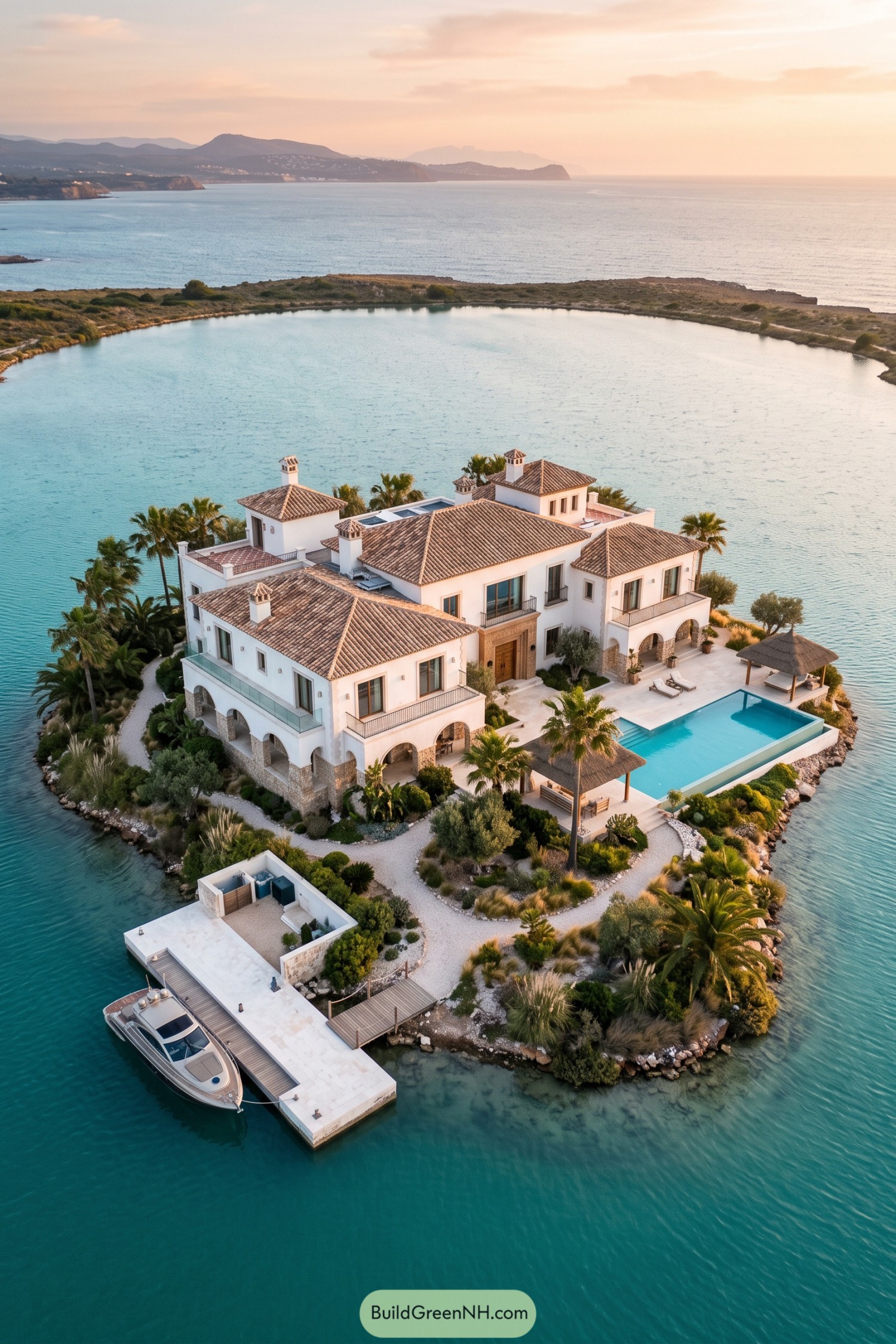 Mediterranean Spanish mansion with pool and private dock