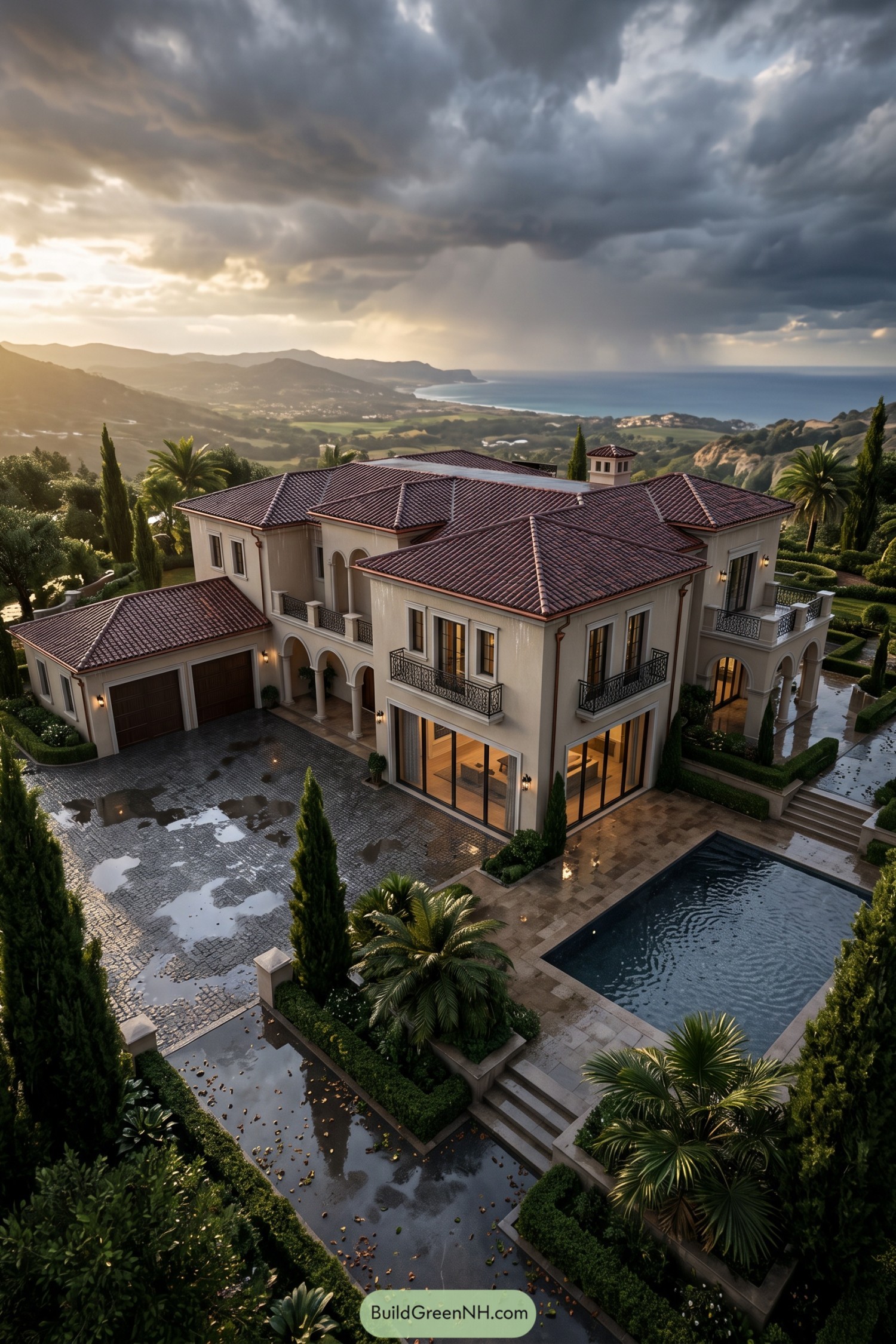 Mediterranean mansion with tiled roofs pool and ocean views