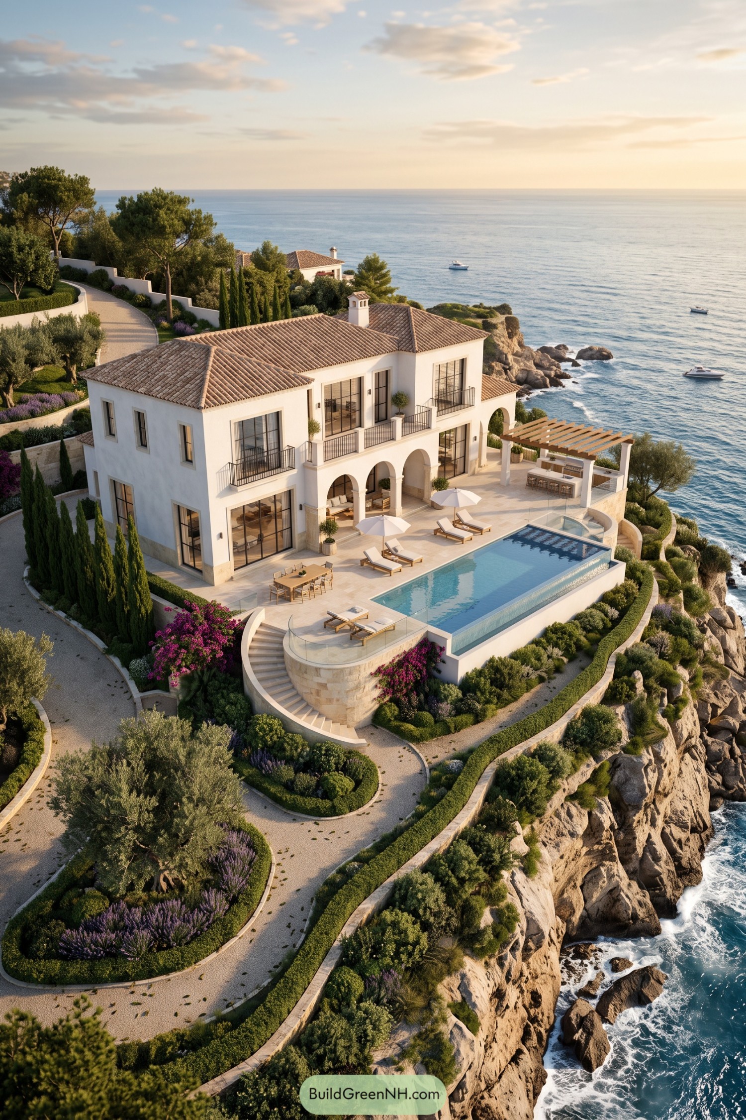 White Spanish villa with an infinity pool above the sea