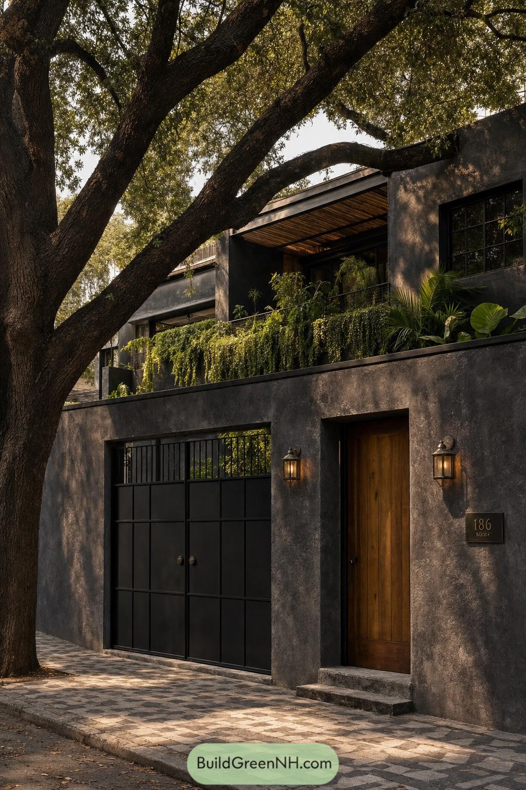 Charcoal villa with wood door lush balcony and mature tree