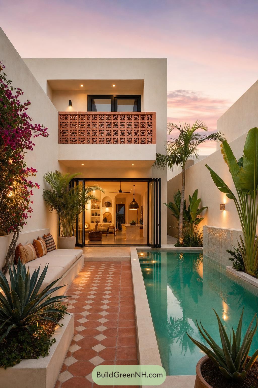 Slim courtyard villa with a turquoise pool and patterned tile terrace
