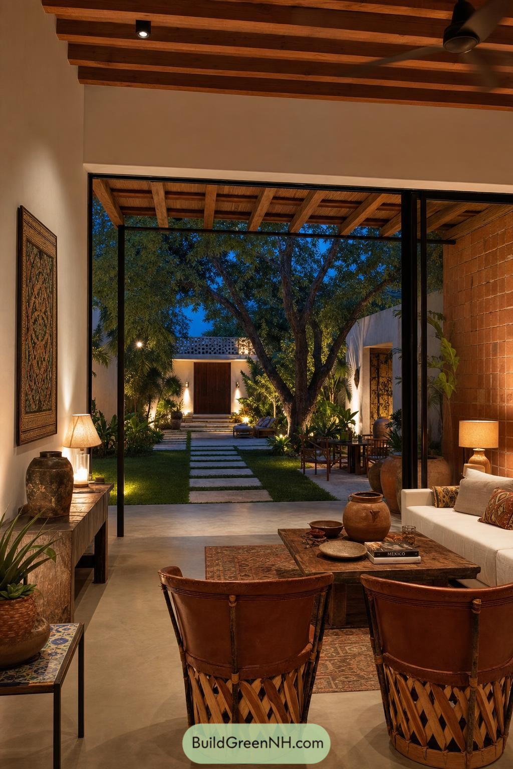 Warm living room opening onto a tree-filled courtyard at dusk