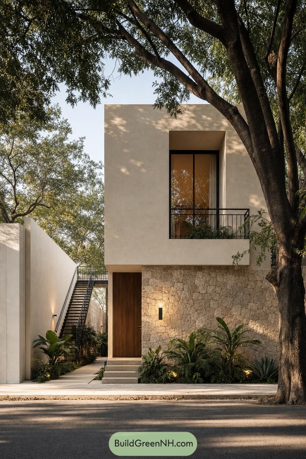 Modern villa with stone facade balcony and mature trees