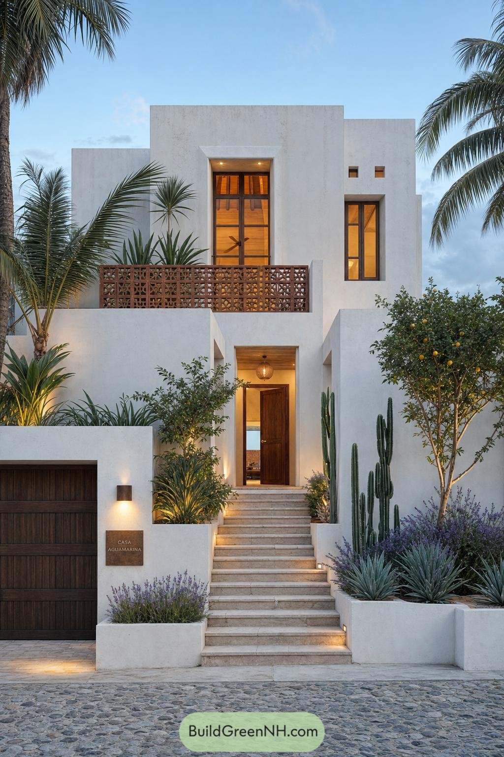 White stucco villa with terracotta screen and cactus garden