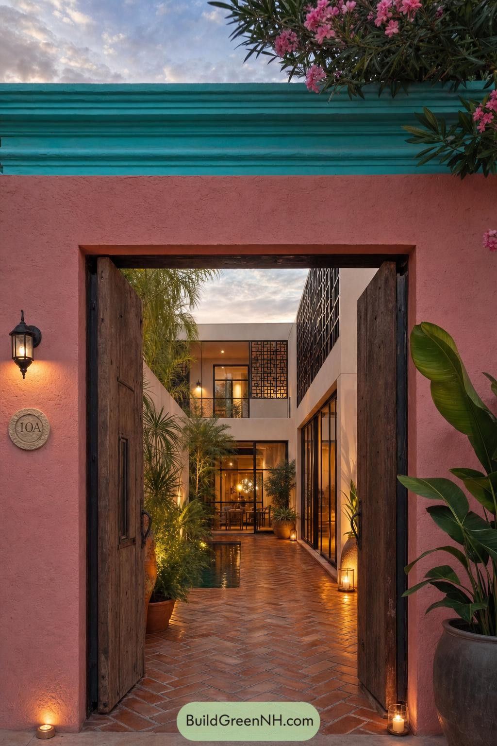 Pink stucco entry with teal trim and open timber doors