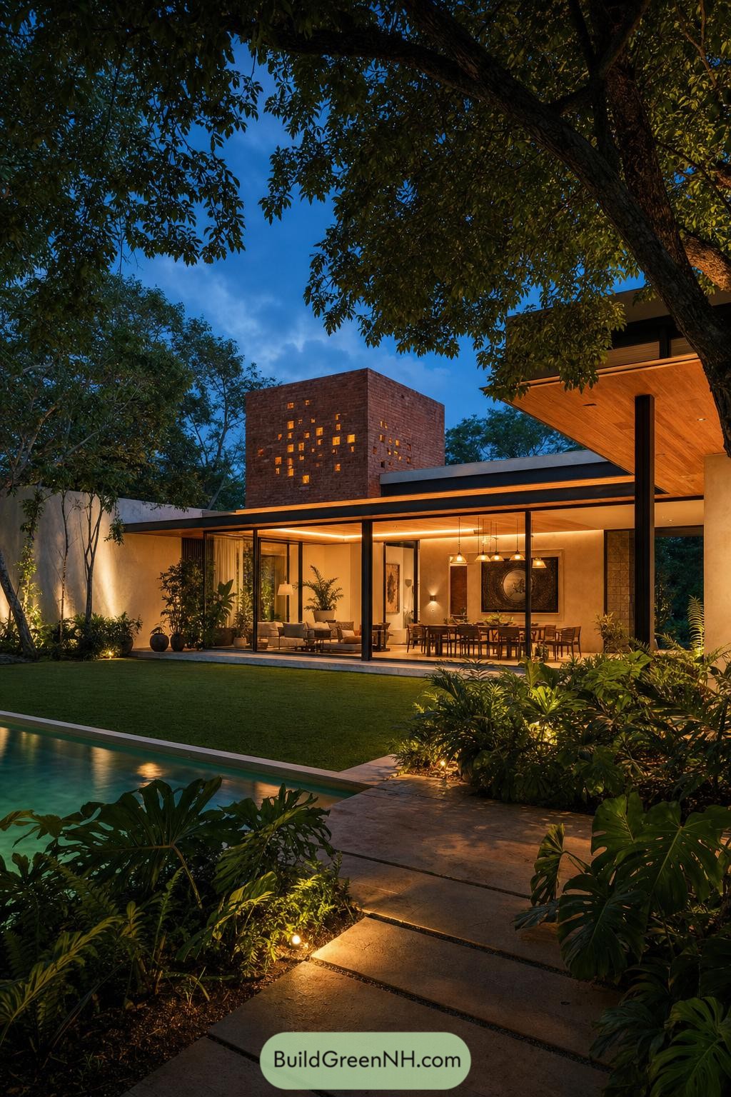 Modern villa with glowing brick tower beside a pool