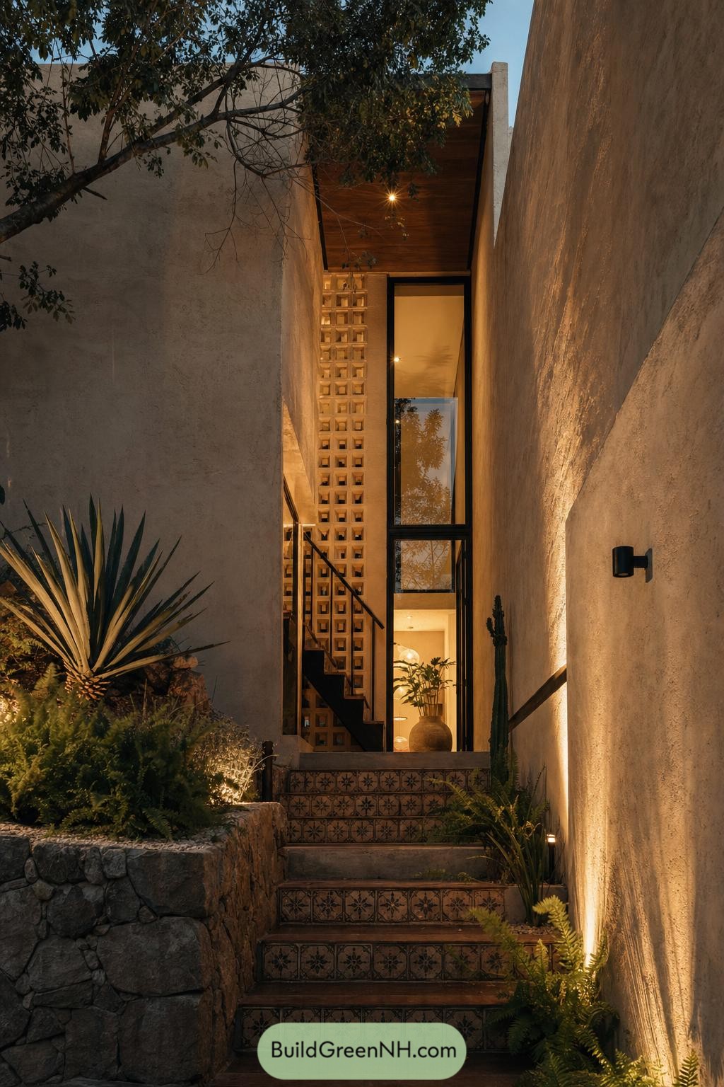 Tiled stairway leading to a warmly lit villa entrance