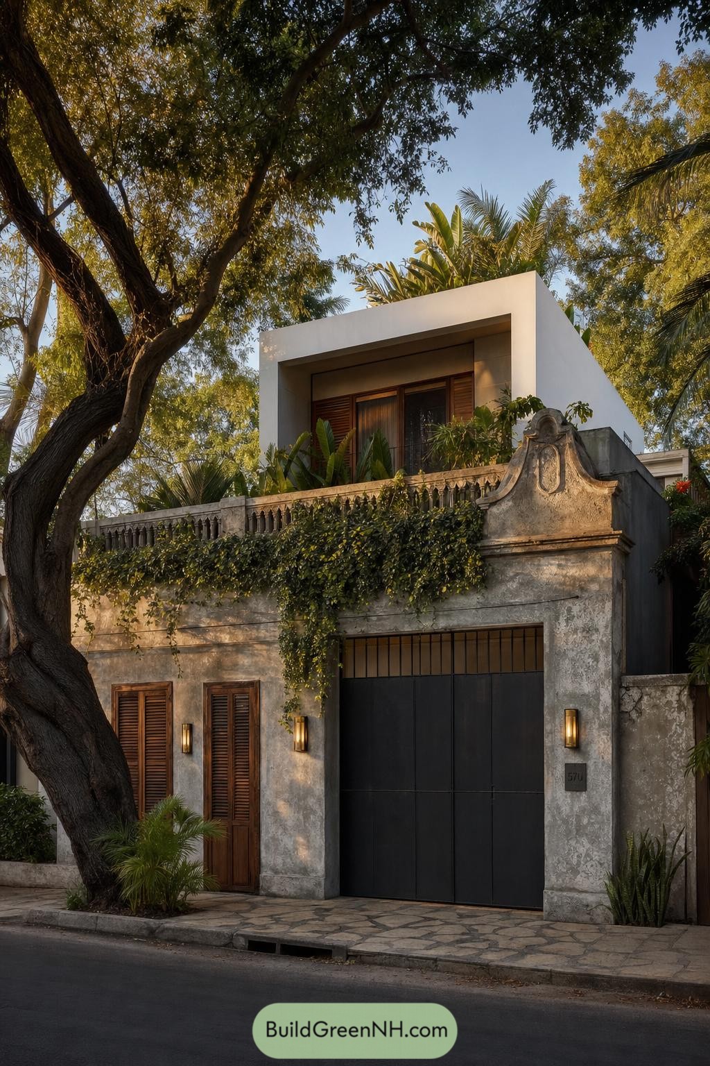 Modern villa facade with a black gate beneath mature trees