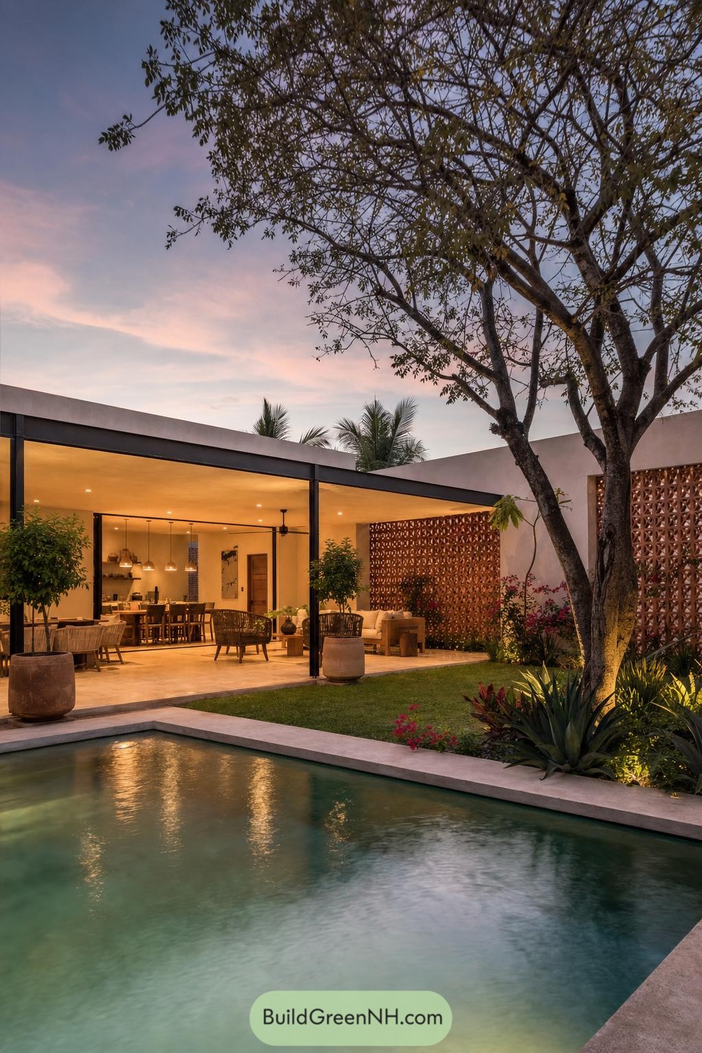 Twilight pool courtyard with a covered terrace and brick screens