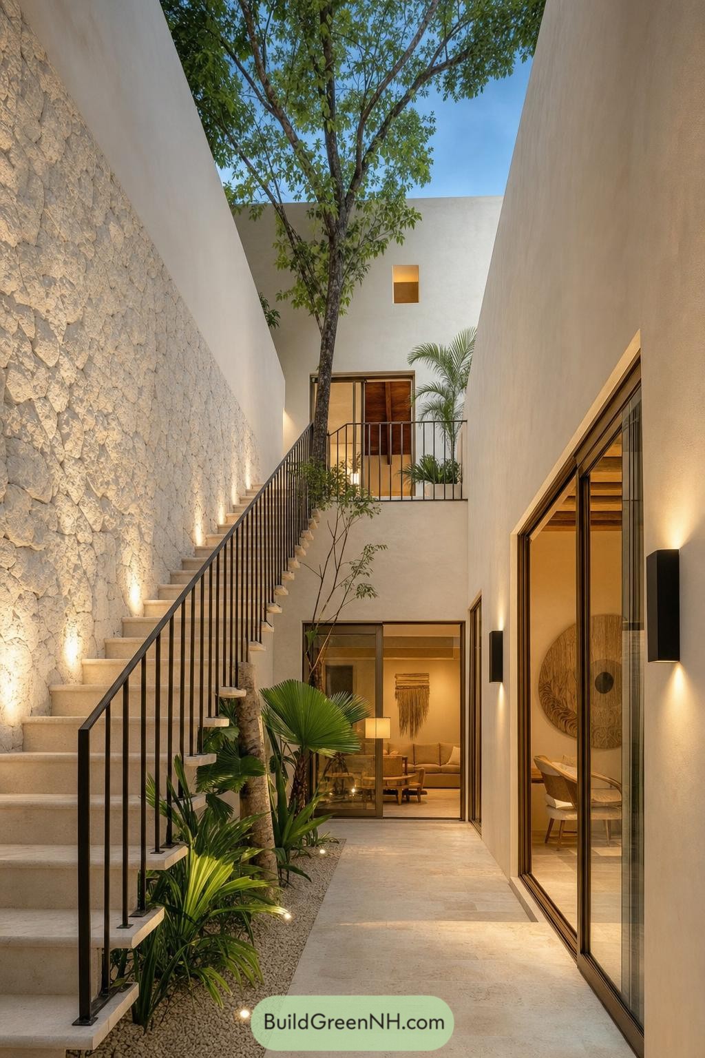Open-air courtyard with limestone stair and central tree