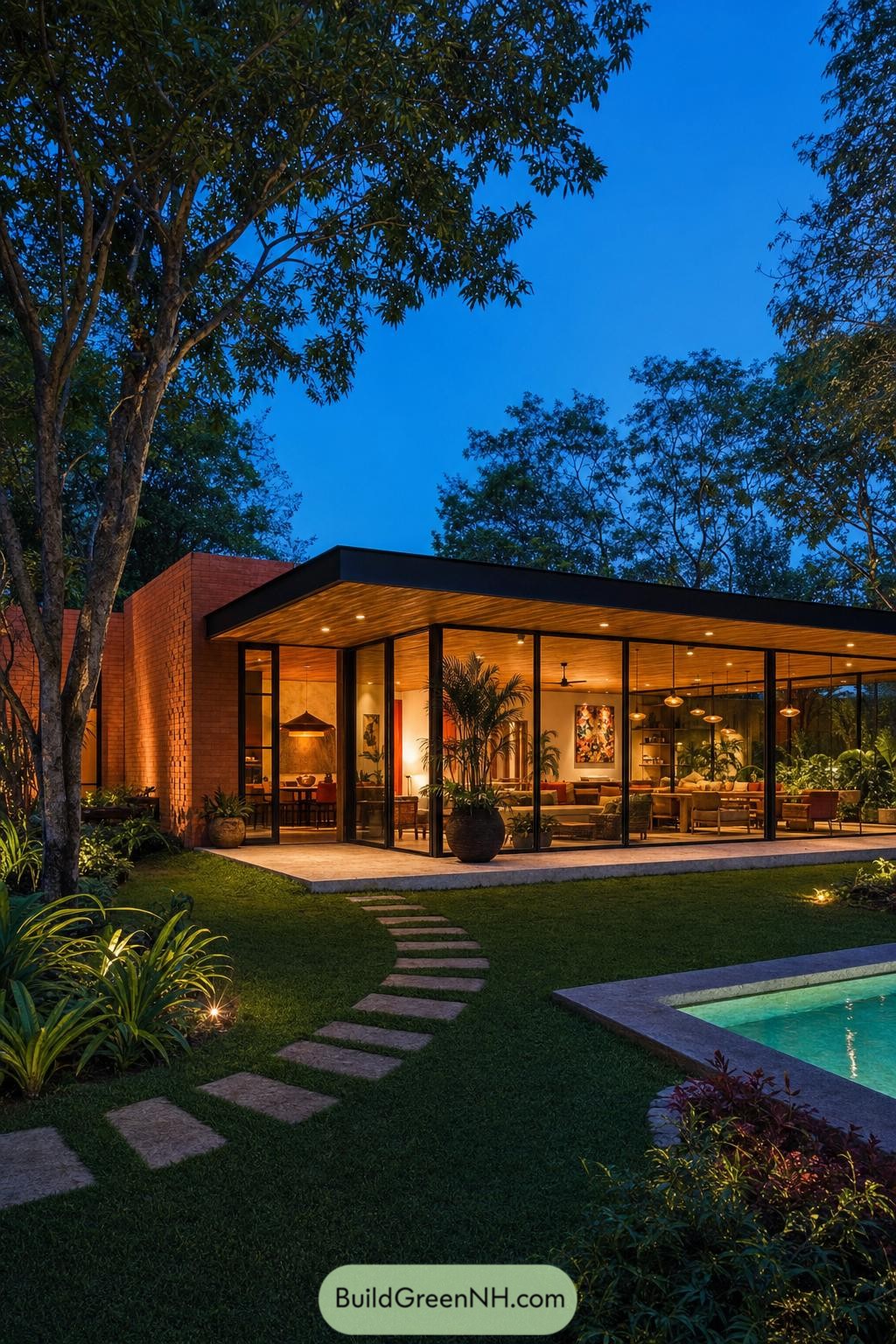 Modern brick and glass villa beside a turquoise pool beneath mature trees