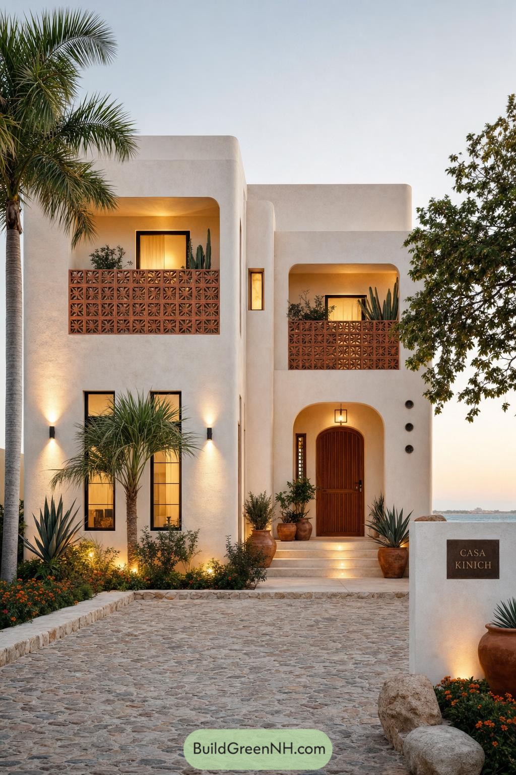 White stucco villa with terracotta screens and arched entry