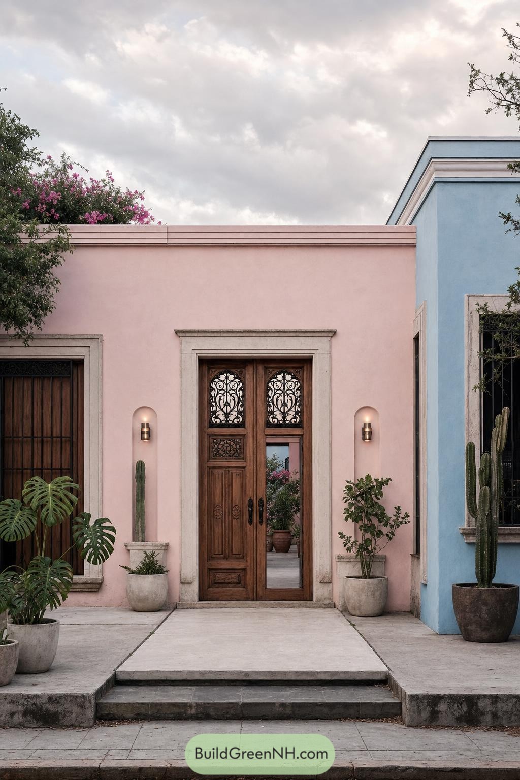 Pink and blue villa entrance with carved wood doors and cactus planters