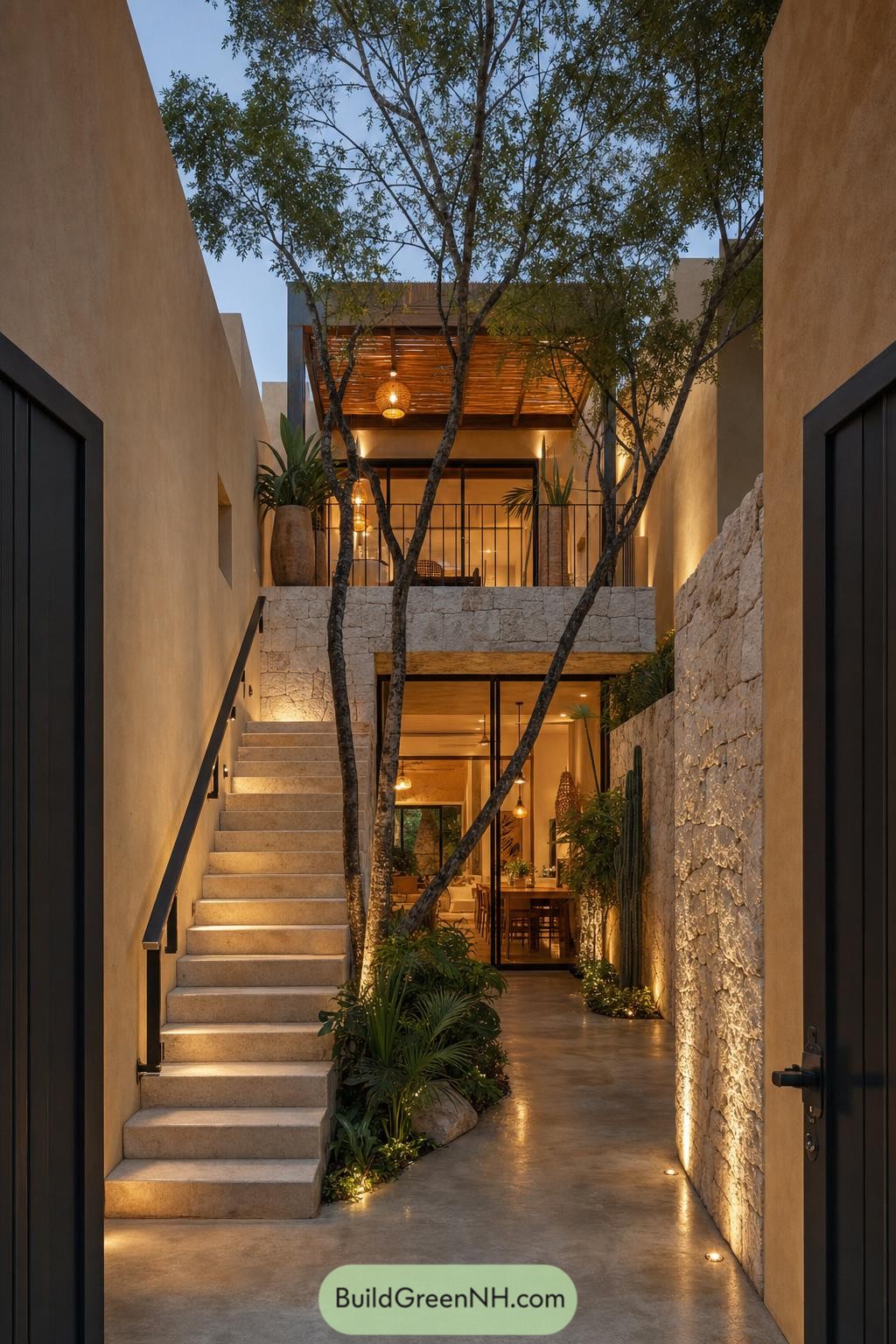 Narrow villa courtyard with trees stone walls and illuminated stairs