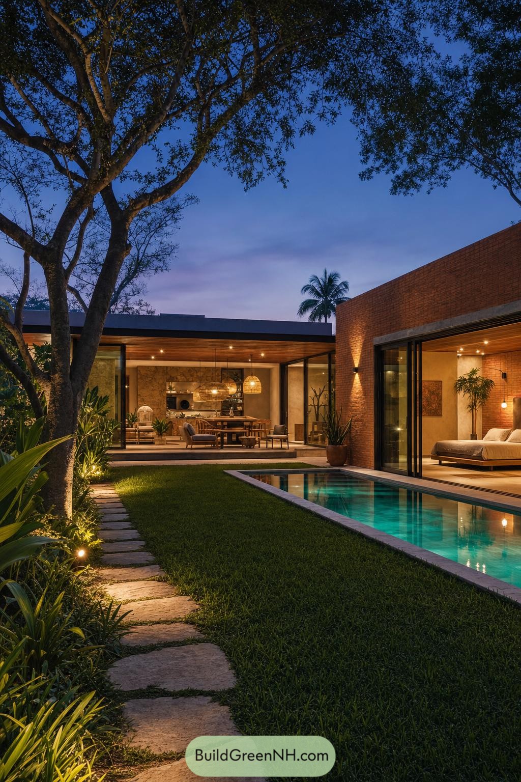 Brick villa with a pool beneath mature trees at dusk