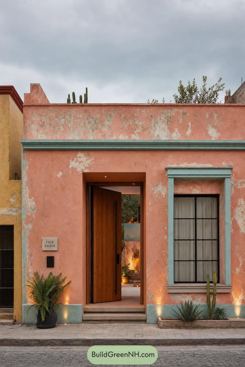 Weathered rose stucco facade with a timber door