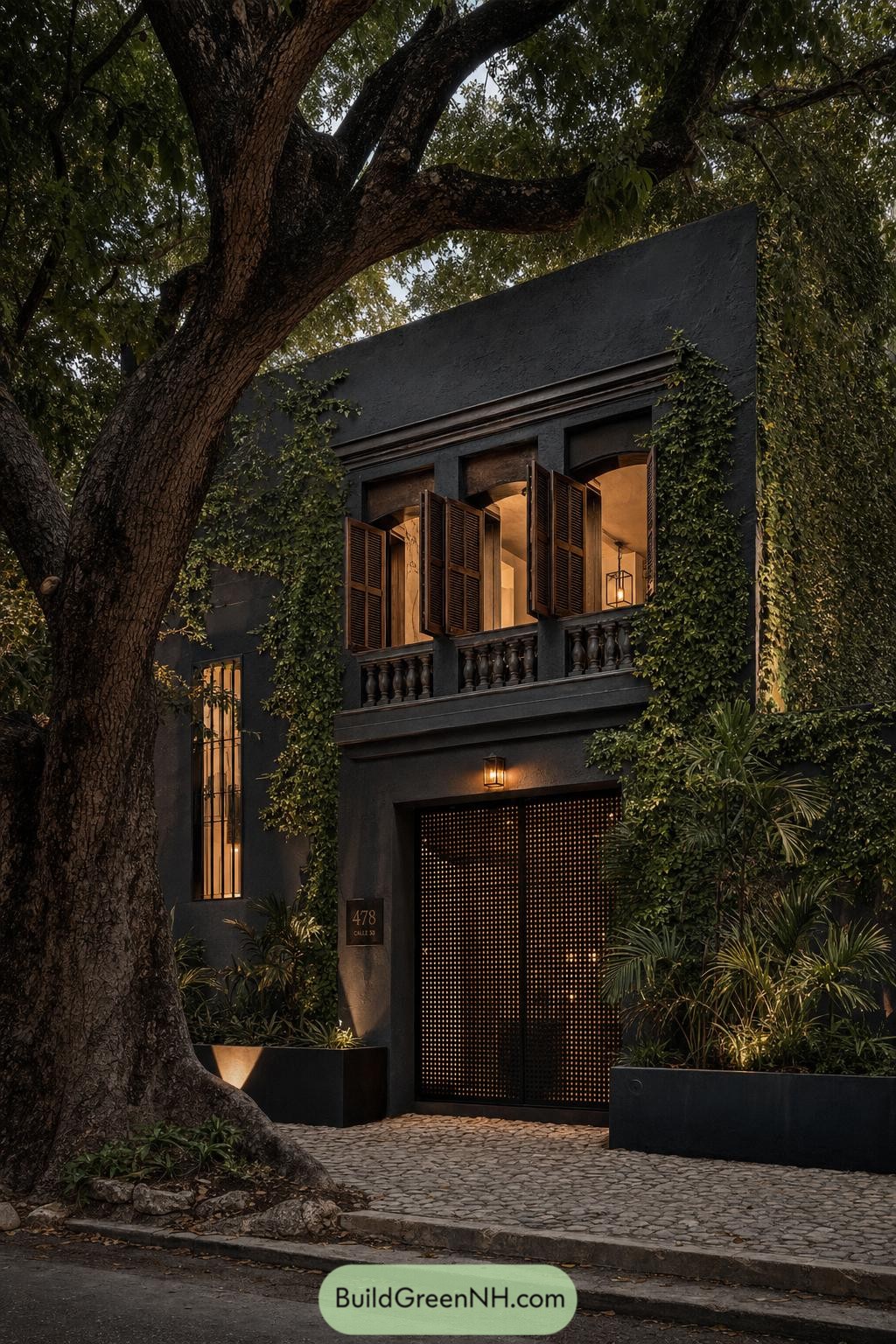 Charcoal villa with timber shutters beneath a mature tree