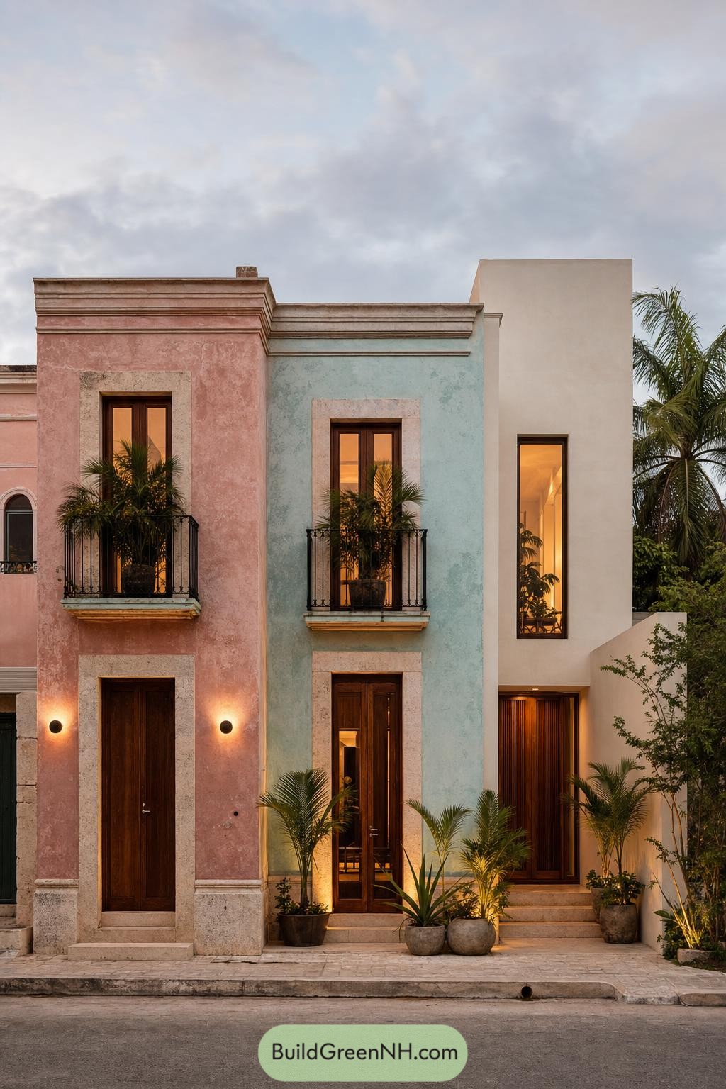 Pastel stucco villa with limestone trim timber doors and tropical planting