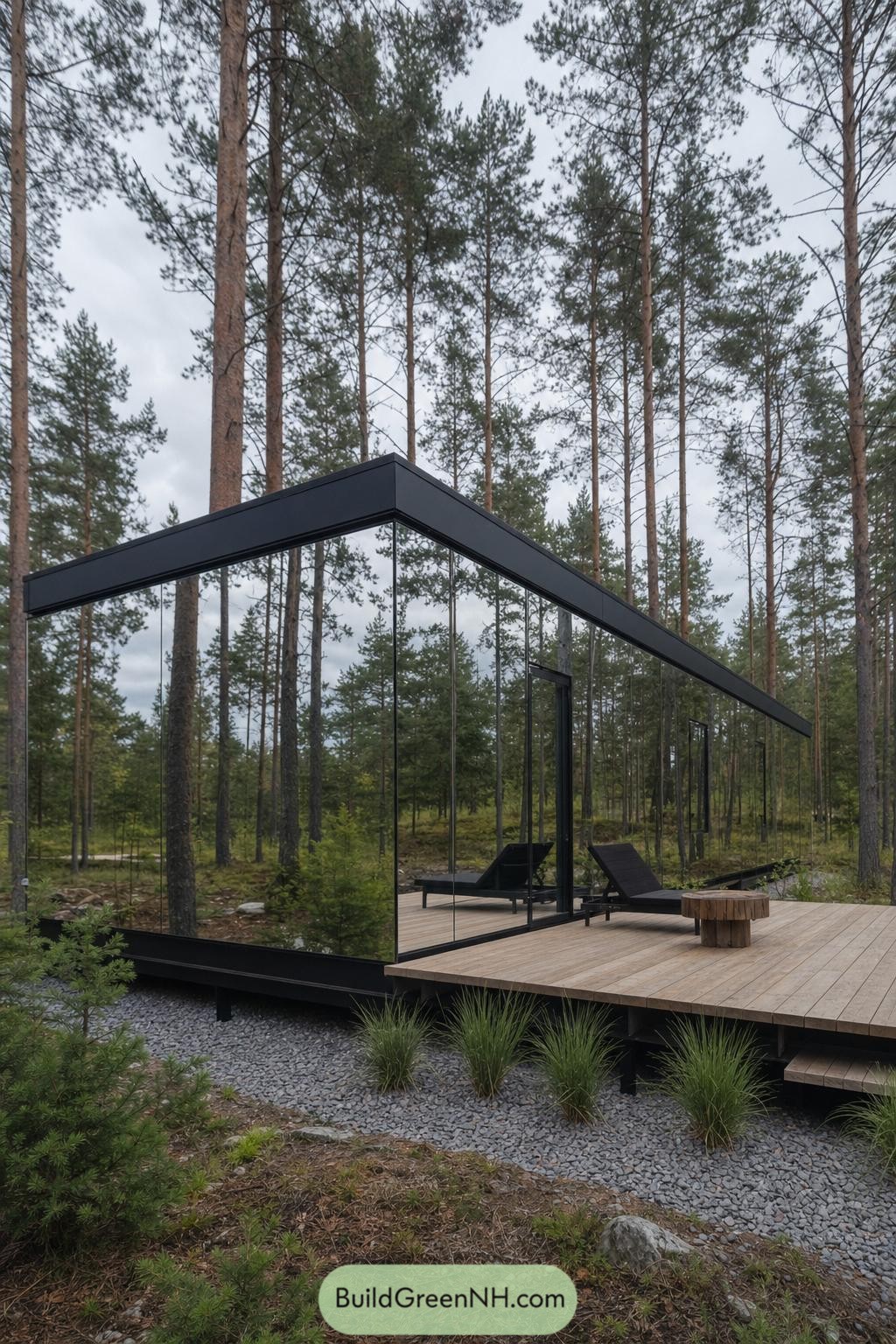 Mirror cabin with black frame and timber deck among pines