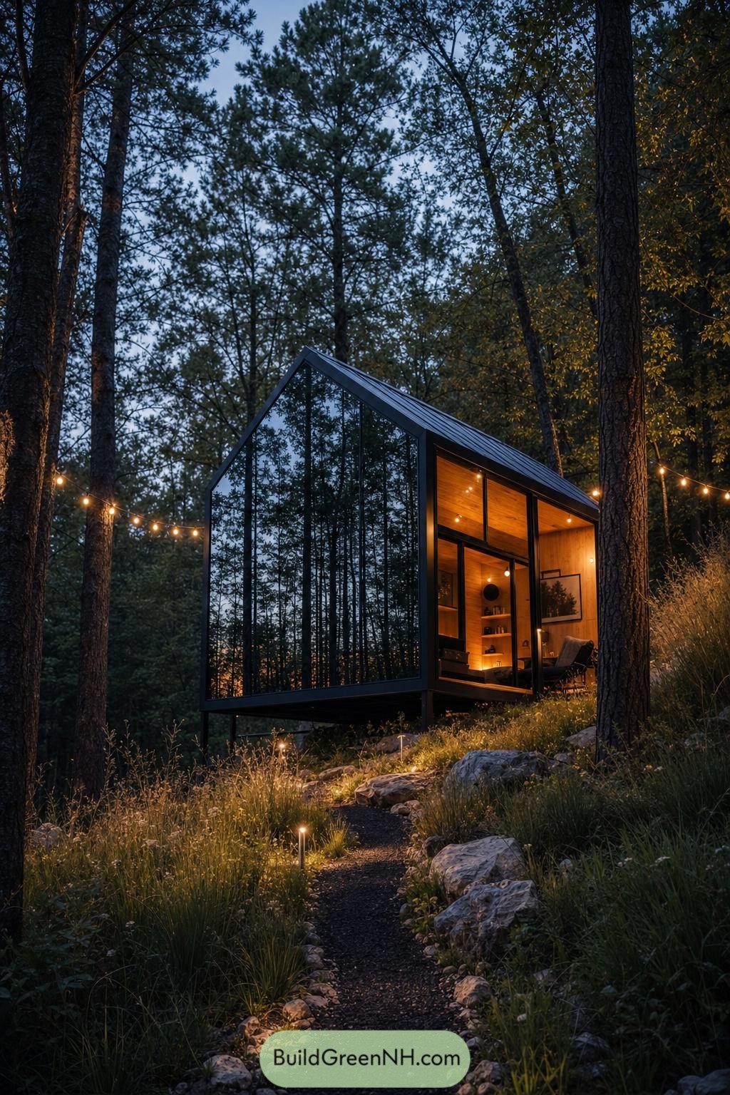 Mirror-fronted cabin glowing among tall pine trees at dusk