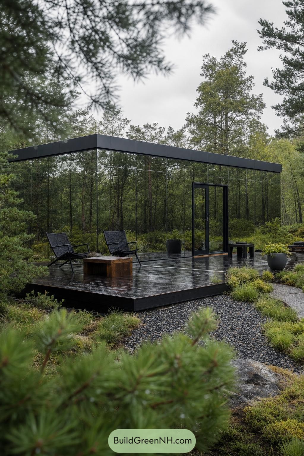 Mirror clad cabin with black trim and wet deck in pine woods