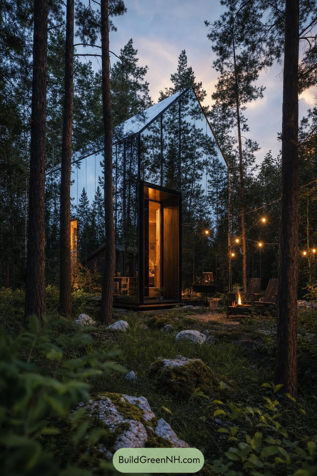 Mirror clad gable cabin glowing beside a forest fire pit at dusk