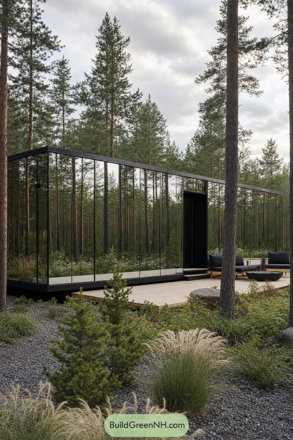 Mirror-clad cabin with a black frame among tall pines