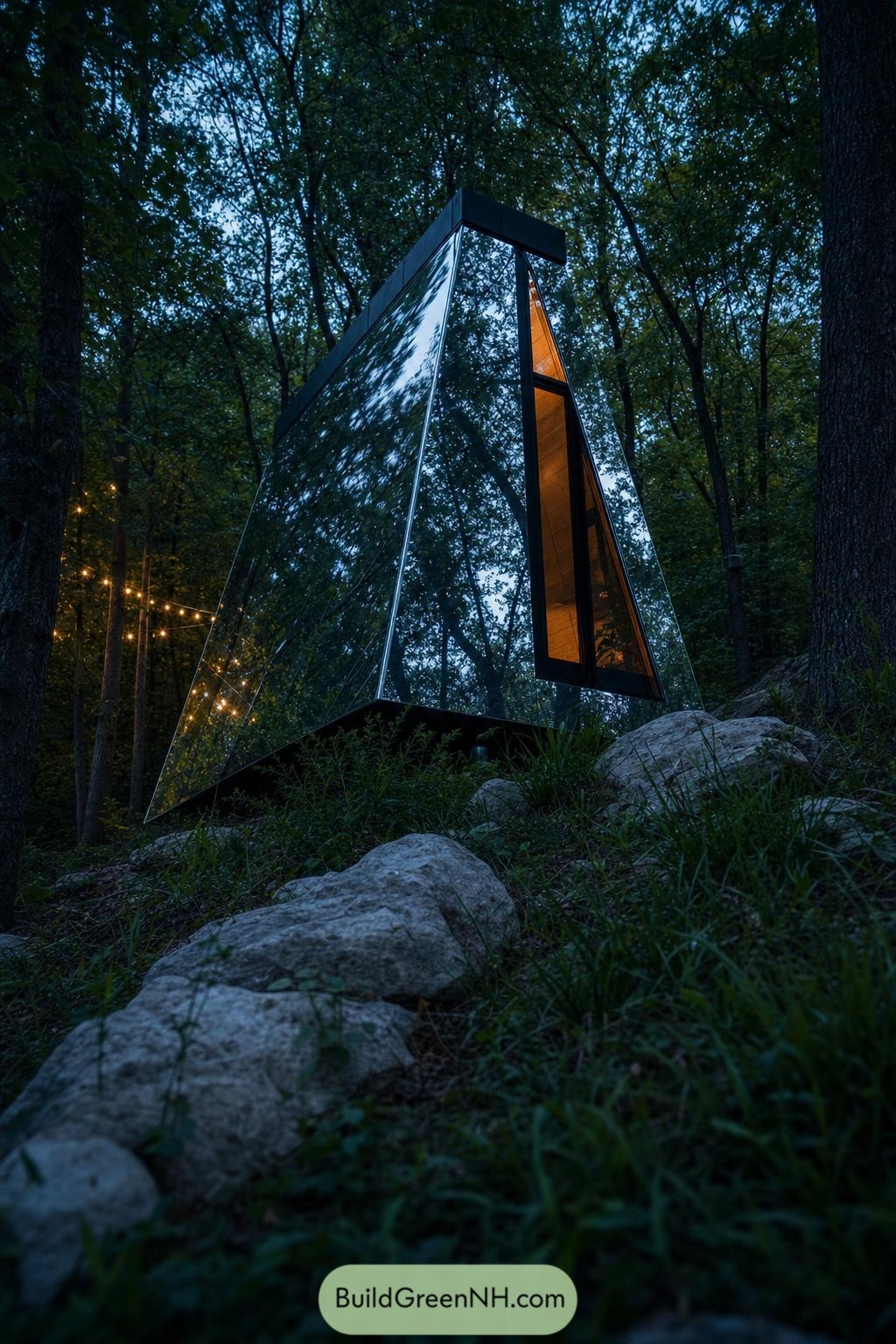 Angular mirrored cabin nestled among trees and boulders