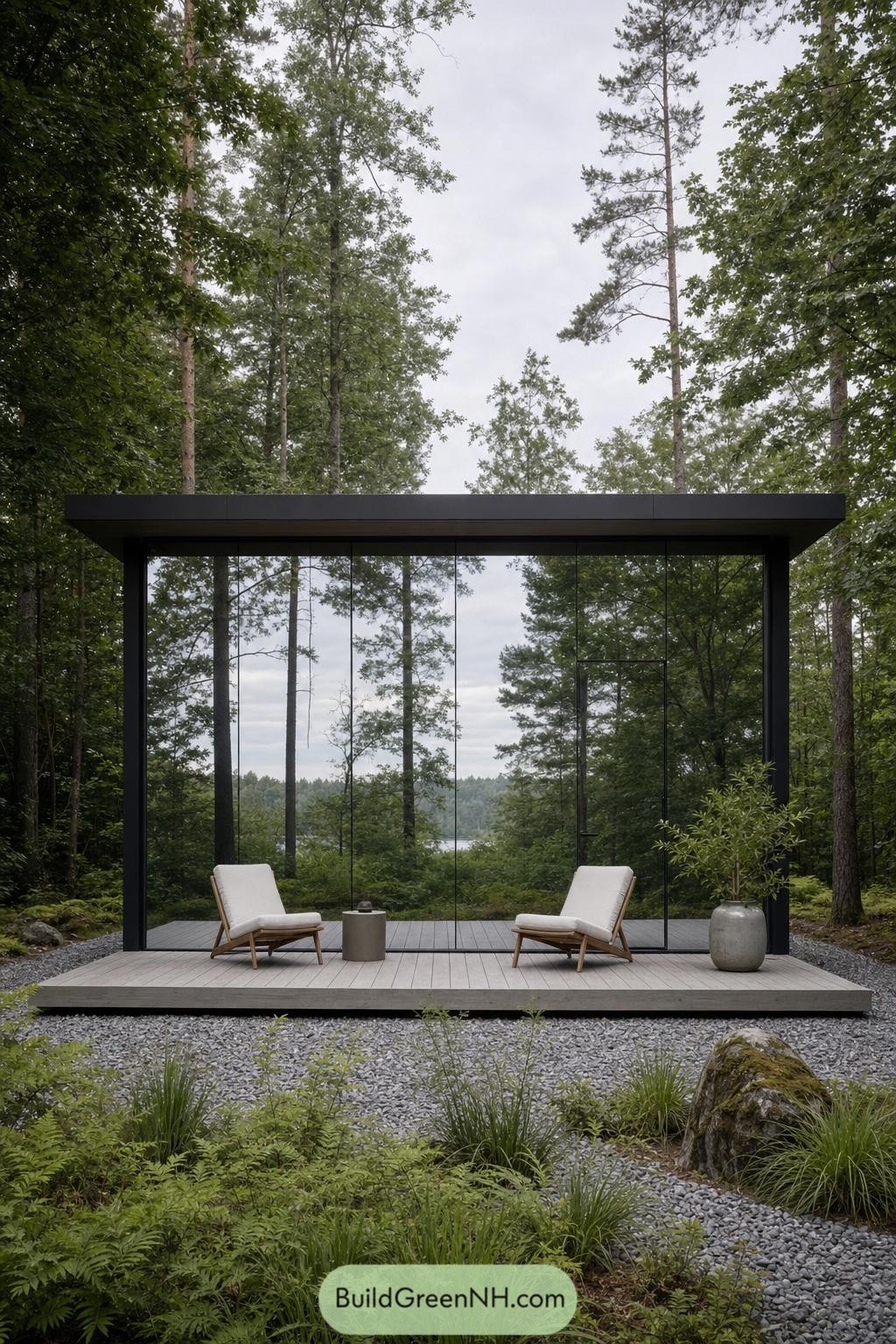 Black framed mirrored glass pavilion with lounge chairs among trees