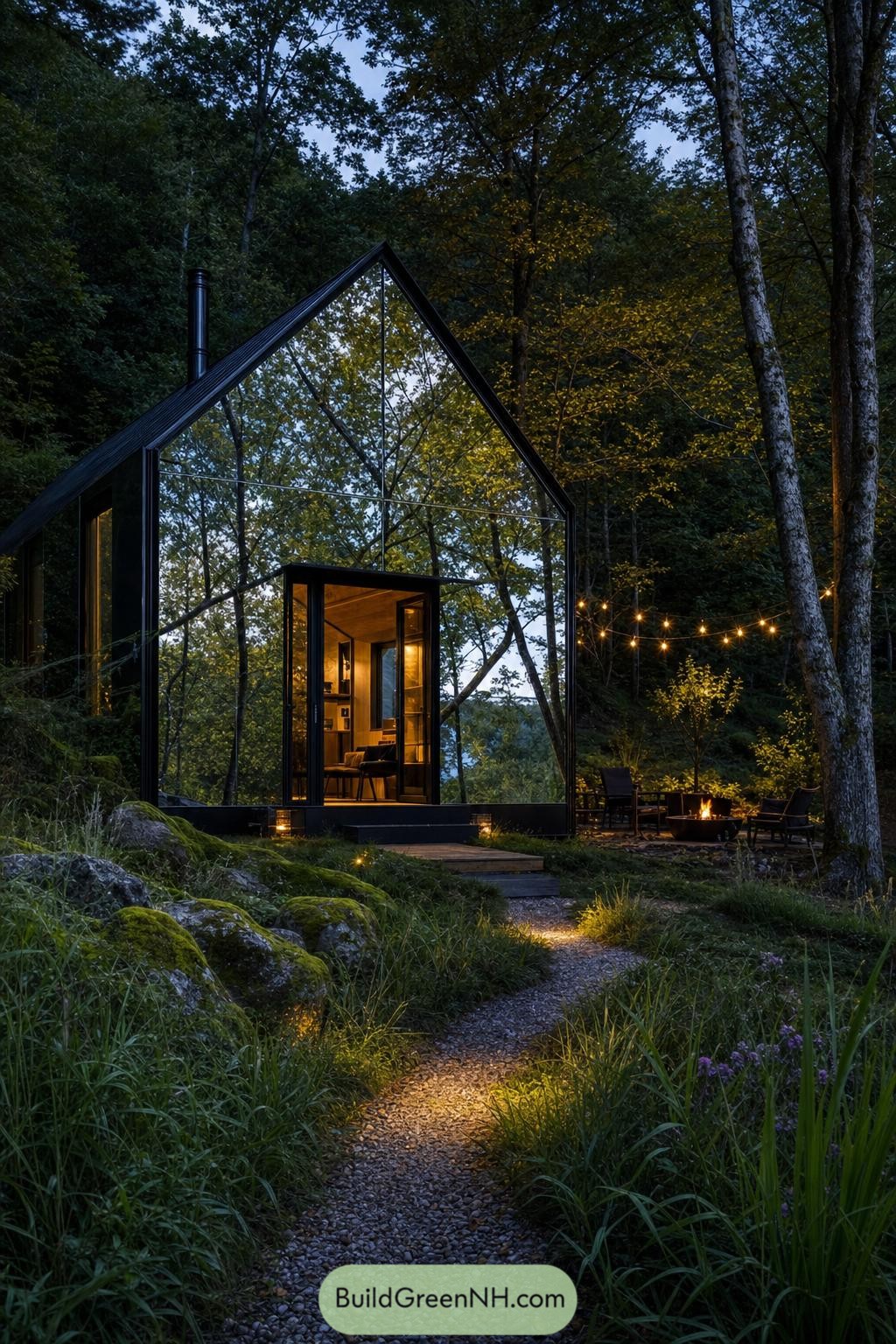 Mirrored gable cabin with firepit in a leafy forest