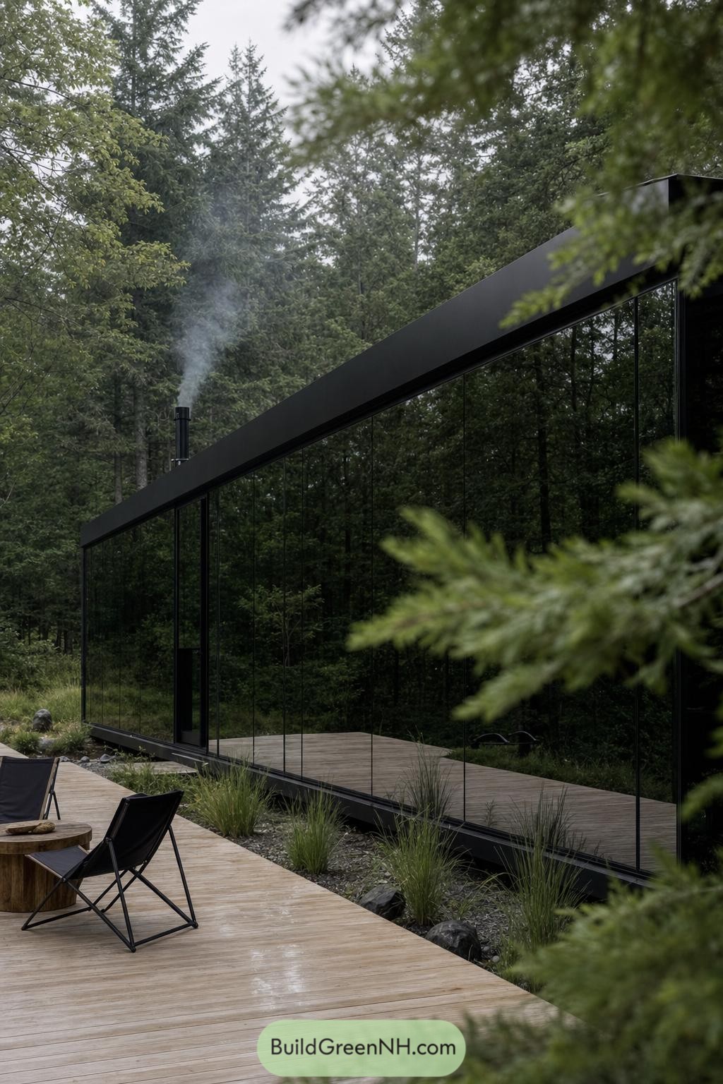 Black mirrored cabin with a sloped roof beside a woodland deck
