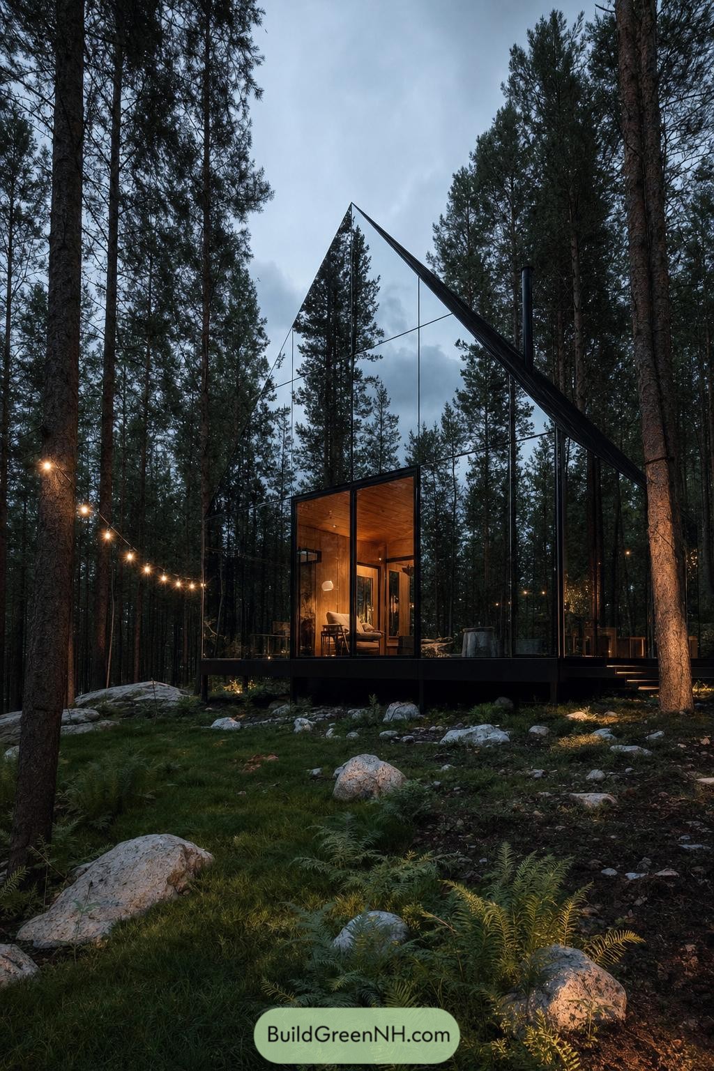 Mirrored A frame cabin among pine trees at dusk