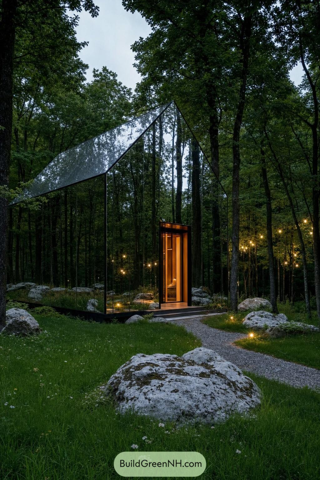 Angular mirrored cabin beside a stone path in dense forest