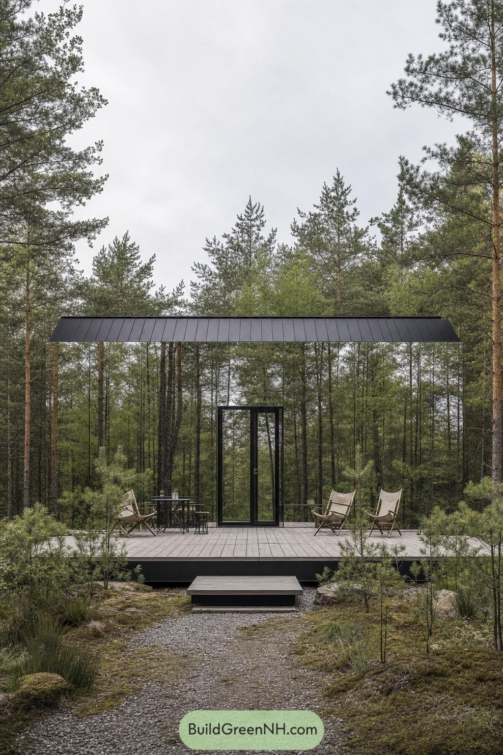 Mirror cabin with a dark roof and raised deck among pines
