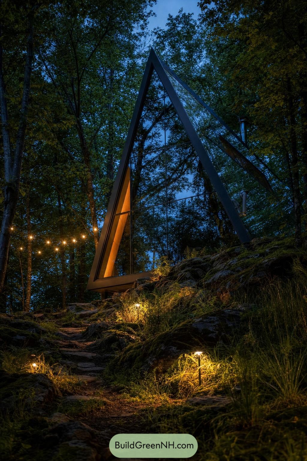 Mirrored A-frame cabin nestled among forest rocks at dusk