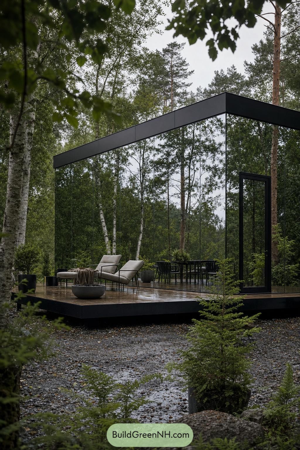 Mirrored glass cabin with black frame in birch forest