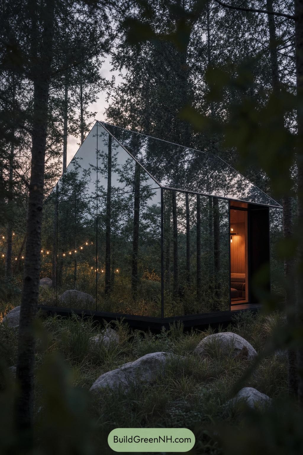 Mirror-clad cabin with a peaked roof among trees