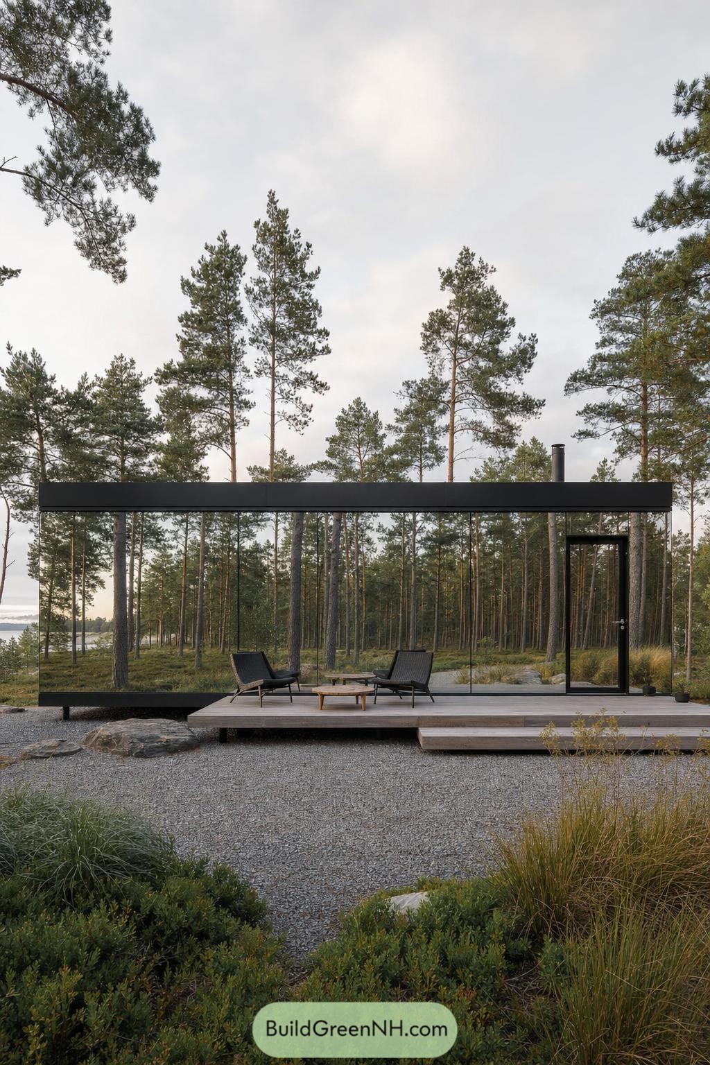 Black framed mirror cabin reflecting a pine woodland