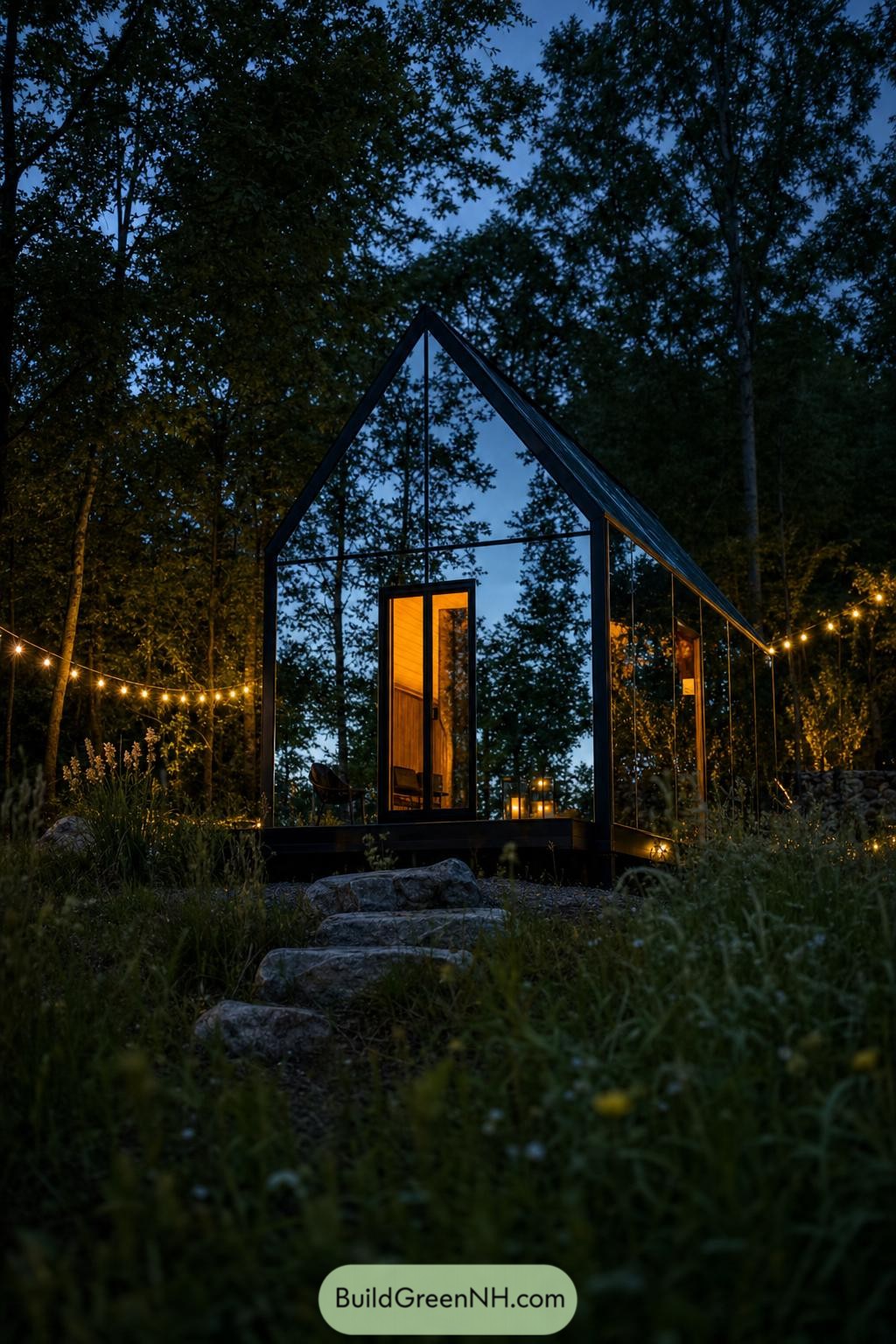 Glass A-frame cabin glowing among trees at dusk