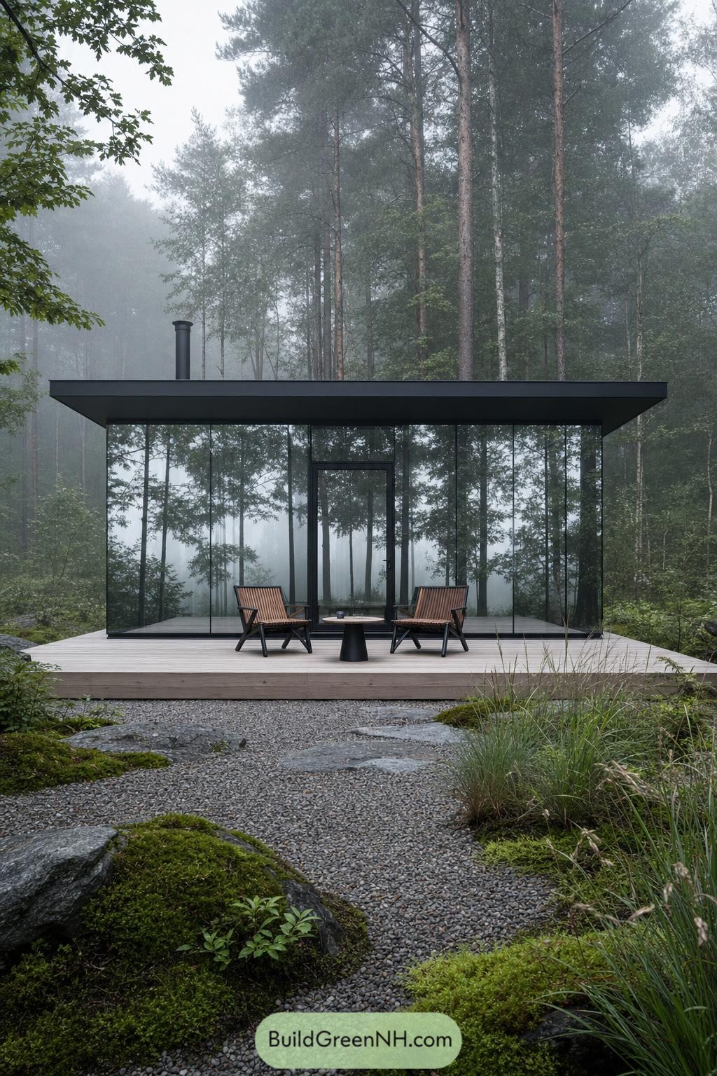 Glass-walled cabin with black roof in misty pines