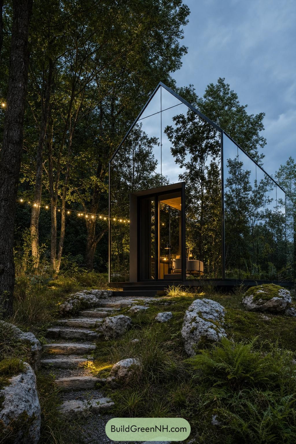 Mirror-clad gable cabin nestled among trees and rocks