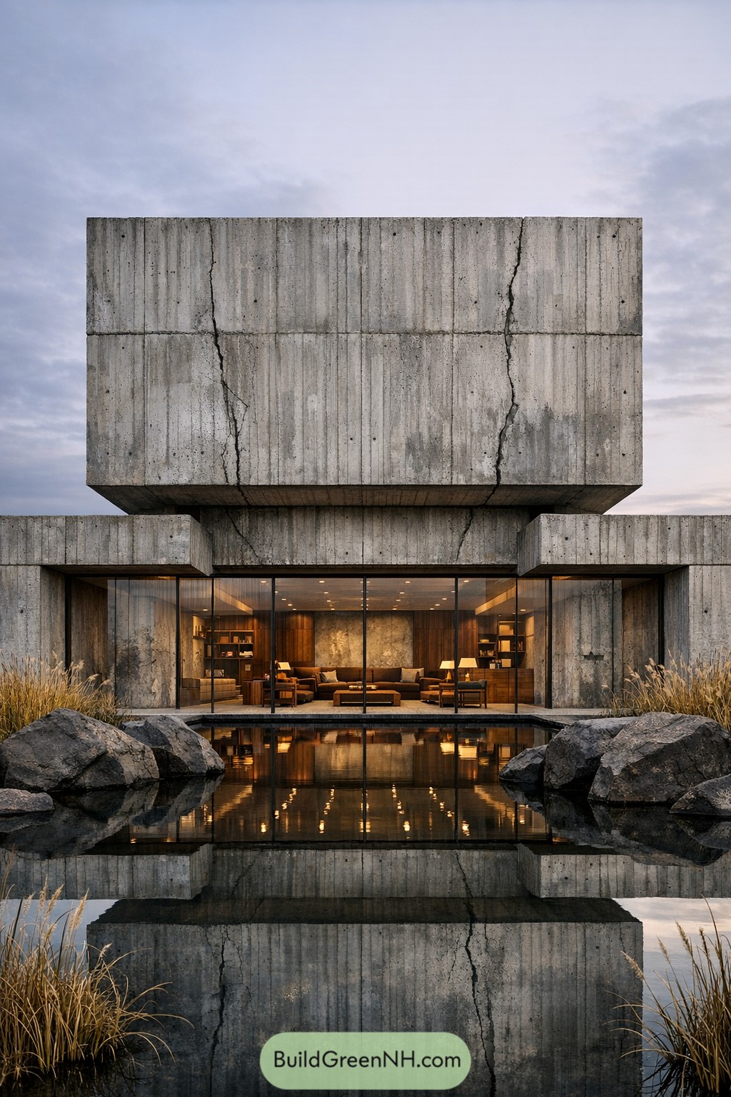 Brutalist concrete villa reflected in a pond