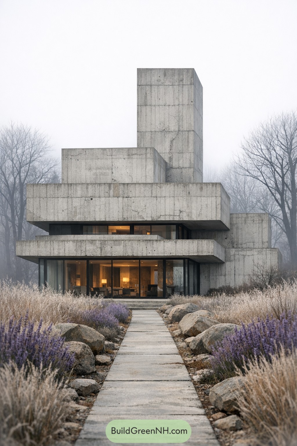 Stacked concrete villa in a misty meadow