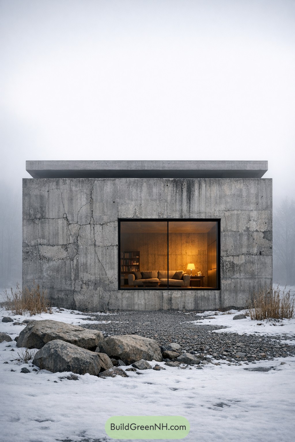 Snowy concrete villa with a warm living room window