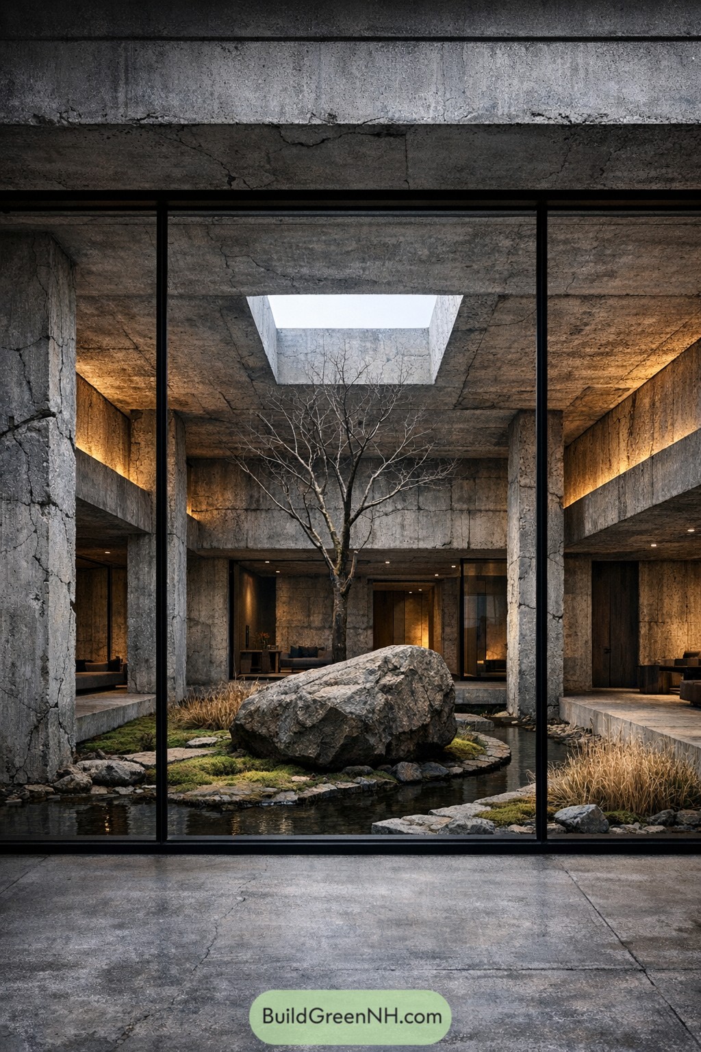 Brutalist concrete atrium with boulder and tree