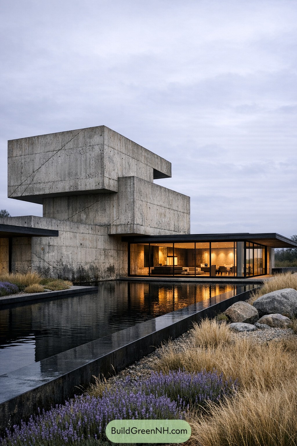 Brutalist concrete villa with glass pavilion and reflecting pool