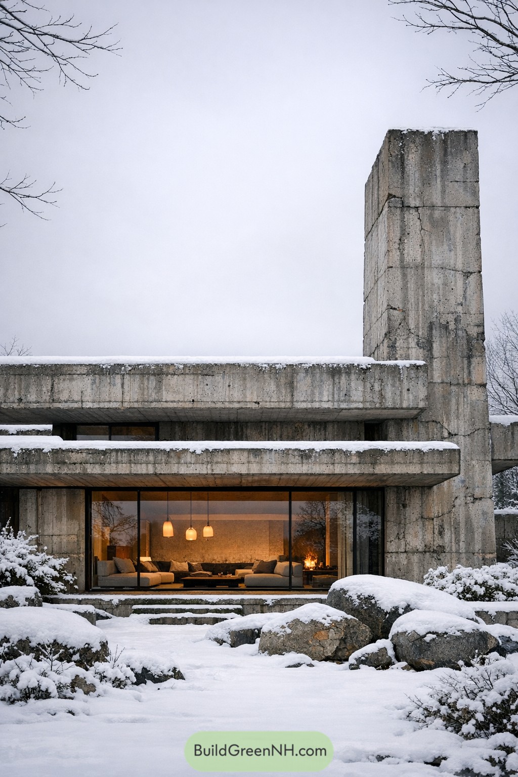 Snowy brutalist villa with glass living room
