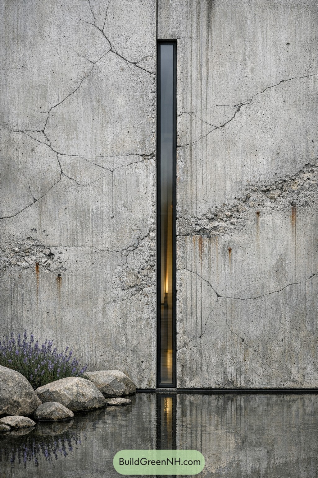 Cracked concrete wall with narrow vertical window by water