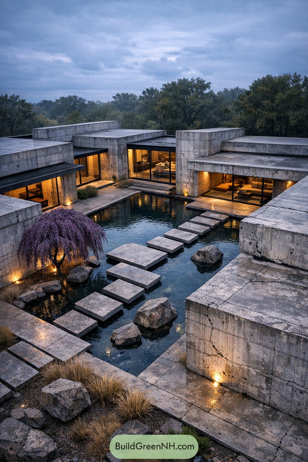 Concrete villa with pool courtyard and stepping stones
